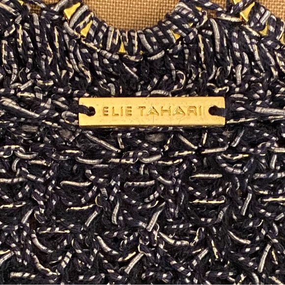 ELIE TAHARI Navy Blue Cardigan Gold Brass Rings Fringe Tassel Jacket.  Medium - Picture 7 of 9